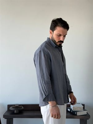 Berlinen Oversize %100 Linen Gri Gömlek