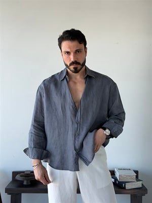 Berlinen Oversize %100 Linen Gri Gömlek