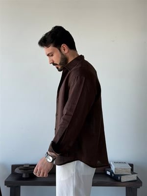 Berlinen Oversize %100 Linen Kahve Gömlek