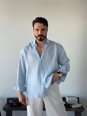 Berlinen Oversize %100 Linen Mavi Gömlek