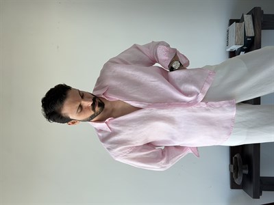 Berlinen Oversize %100 Linen Pudra/Rose Gömlek
