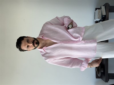 Berlinen Oversize %100 Linen Pudra/Rose Gömlek