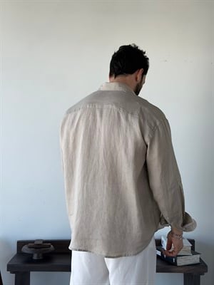 Berlinen Oversize %100 Linen Bej Gömlek