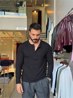 Falk Siyah Henley Yaka  Sweat