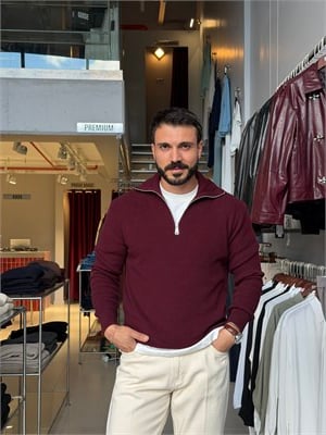 Felix Bordo Fermuarlı Dik Yaka Triko