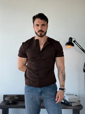 Knit Modal Henley Kahve Tişört