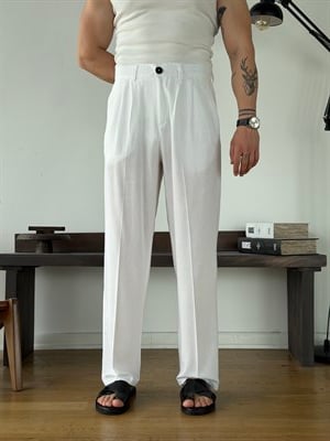 Linora Beyaz Viscon Keten Baggy Pantolon 
