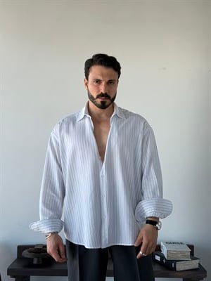 Lorien Oversize Çizgili Viscon Keten Beyaz Gömlek