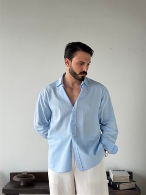 Ohio Yarı Oversize %100 Pamuk Mavi Gömlek