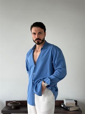 Ohio Yarı Oversize %100 Pamuk Saks Gömlek