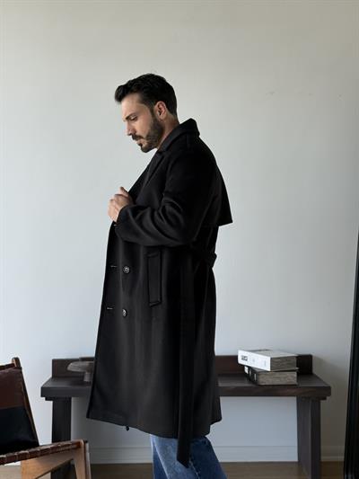 Oxford Kuşaklı Kruvaze Siyah Kaban