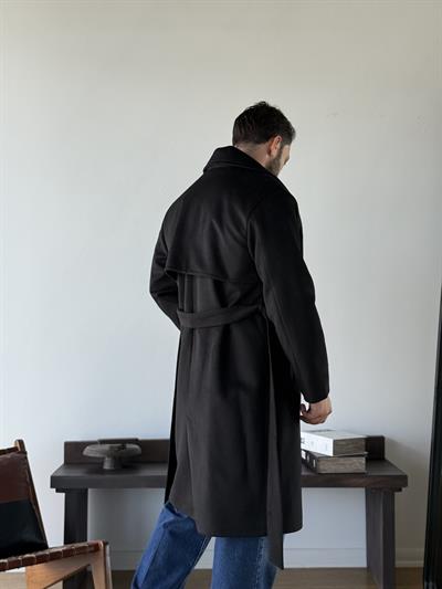 Oxford Kuşaklı Kruvaze Siyah Kaban