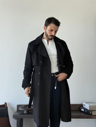 Sanleo Süet Dokulu Siyah Trençkot