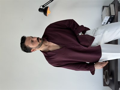 Soprano Oversize Çizgili Bordo Gömlek