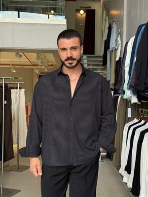 Soprano Oversize Çizgili Lacivert Gömlek