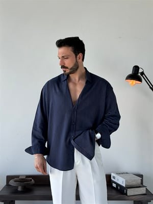 Soprano Oversize Çizgili Lacivert Gömlek