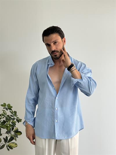 Victor İnce Çizgili Mavi Gömlek