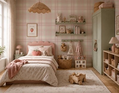 Ekose Desen Pembe Yeşil Çizgiler Bebek & Çocuk Odası Duvar Kağıdı
