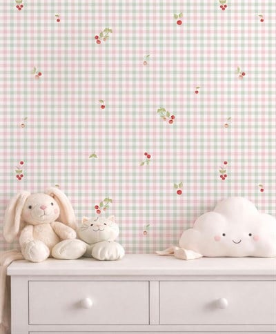 Kirazlar Soft Yeşil Pembe Pötikare Bebek & Çocuk Odası Duvar Kağıdı
