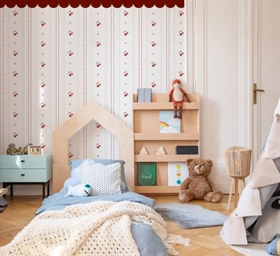 Kirazlar ve Minik Kalpler Şeritli Bebek & Çocuk Odası Duvar Kağıdı