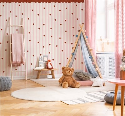 Kırmızı Tente ve Kalpler Pembe Şeritli Bebek & Çocuk Odası Duvar Kağıdı