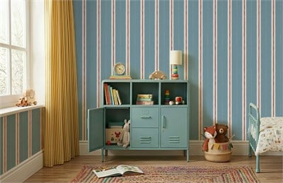 Mavi Kırmızı Çizgiler Retro Görünüm Konsept Tasarım Bebek & Çocuk Odası Duvar Kağıdı