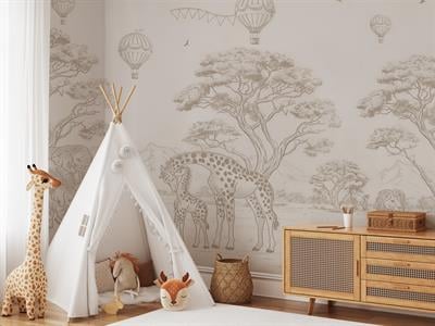 Monochrome Tasarım Filler ve Zürafalar Safari Konsept Bebek & Çocuk Odası Duvar Kağıdı