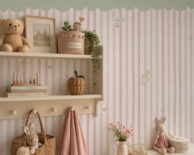 Pastel Yeşil Tente Pembe Şeritler Ördek ve Kalpler Bebek & Çocuk Odası Duvar Kağıdı