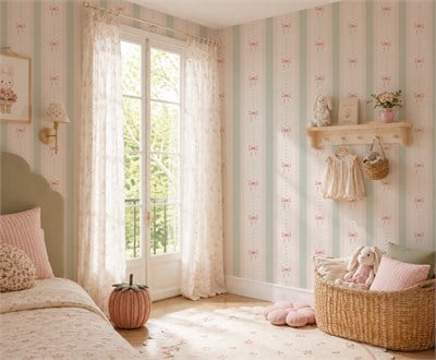 Pembe Fiyonklar ve Minik Yıldız Detaylı Şerit Konsept Bebek & Çocuk Odası Duvar Kağıdı