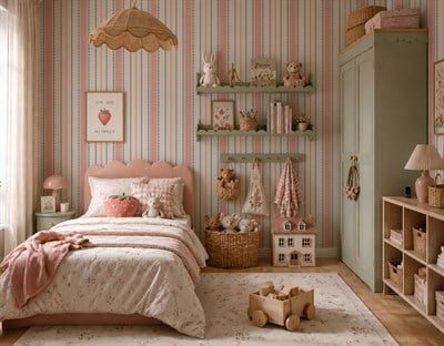 Pembe Mavi Şeritler Mini Bebe Yaka Detay Tasarım Bebek & Çocuk Odası Duvar Kağıdı