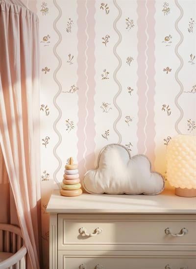 Pembe Yeşil Dalgalar ve Minimal Bitkiler Zarif Bebek & Çocuk Odası Duvar Kağıdı
