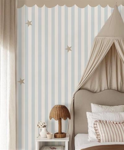Soft Mavi Şeritler Tente ve Yıldız Detaylı Konsept Bebek & Çocuk Odası Duvar Kağıdı
