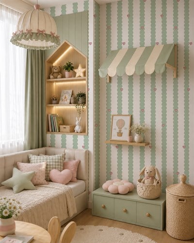 Yeşil Bombeler ve Minik Pembe Kalpler Bebek & Çocuk Odası Duvar Kağıdı