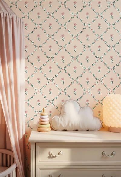 Yeşil Sarmal Yapraklar ve Minik Yalın Çiçek Konseptli Minimal Desen Bebek & Çocuk Odası Duvar Kağıdı