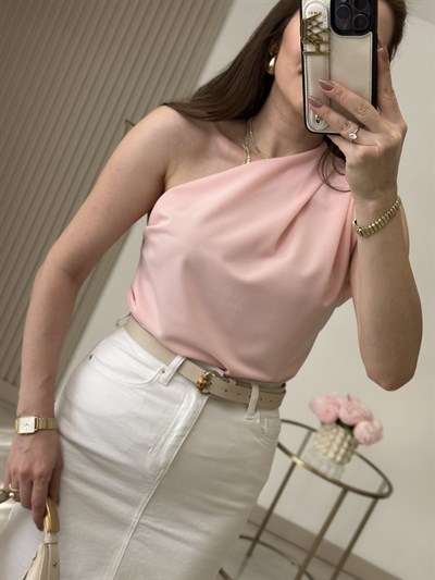  Tek Omuz Drapeli Bluz Pembe