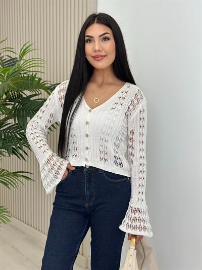 Ajurlu Merserize İspanyol Kol Hırka Beyaz