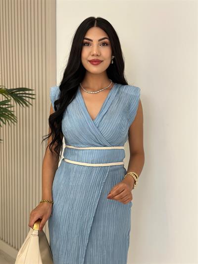 Akordiyon Kumaş Beli Örgü Geçişli Anvelop Elbise Bebe Mavi