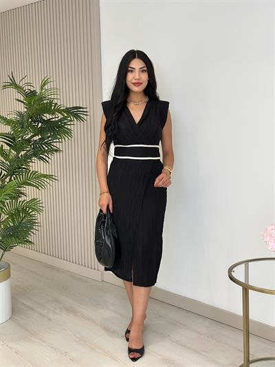 Akordiyon Kumaş Beli Örgü Geçişli Anvelop Elbise Siyah