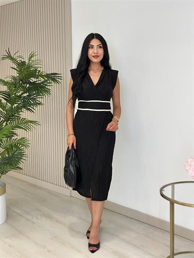 Akordiyon Kumaş Beli Örgü Geçişli Anvelop Elbise Siyah