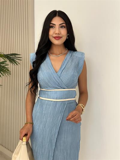 Akordiyon Kumaş Beli Örgü Geçişli Anvelop Elbise Bebe Mavi