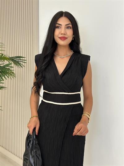 Akordiyon Kumaş Beli Örgü Geçişli Anvelop Elbise Siyah