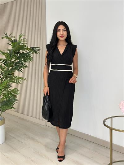 Akordiyon Kumaş Beli Örgü Geçişli Anvelop Elbise Siyah