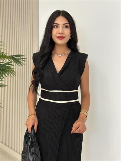 Akordiyon Kumaş Beli Örgü Geçişli Anvelop Elbise Siyah