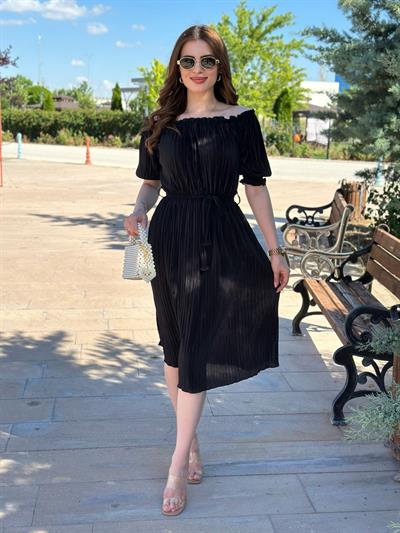 Akordiyon Kumaş Madonna Yaka Elbise Siyah