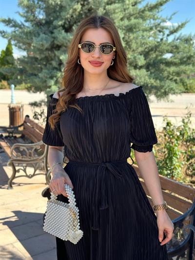 Akordiyon Kumaş Madonna Yaka Elbise Siyah