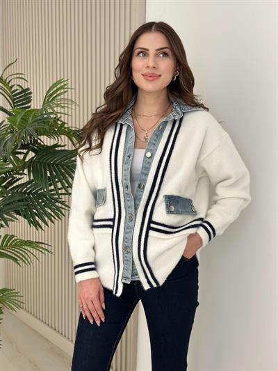Angora Denim Miksli Tasarım Hırka Beyaz