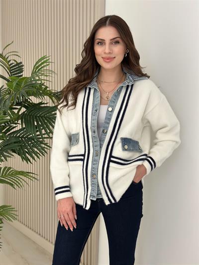 Angora Denim Miksli Tasarım Hırka Beyaz