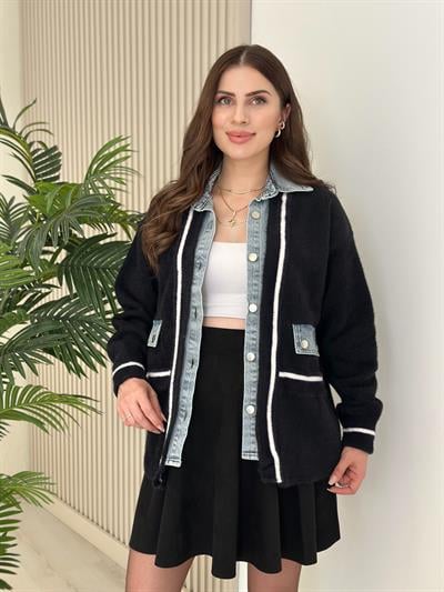 Angora Denim Miksli Tasarım Hırka Siyah