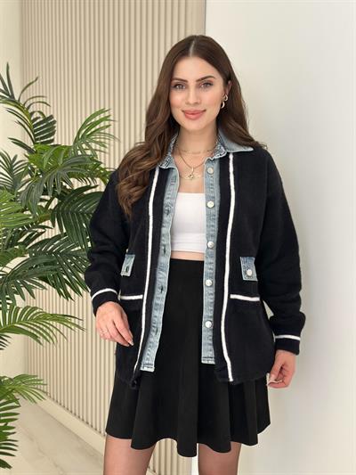 Angora Denim Miksli Tasarım Hırka Siyah