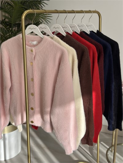 Angora İplik Gold Düğmeli Hırka Mürdüm